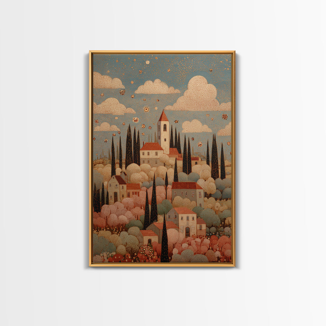 Naive Folk Art Village Framed Canvas Print, Art, Resin Art, Living Room Decor, Fine Art, Luxury Decor, Textured Painting, ART-2x3-4