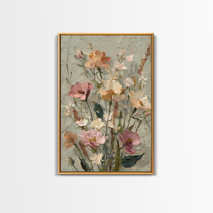 Painterly Meadow with Loose Impressionist Flowers Framed Canvas Print, Art, Neutral Decor, Living Room Decor, Fine Art, ART-2x3-47