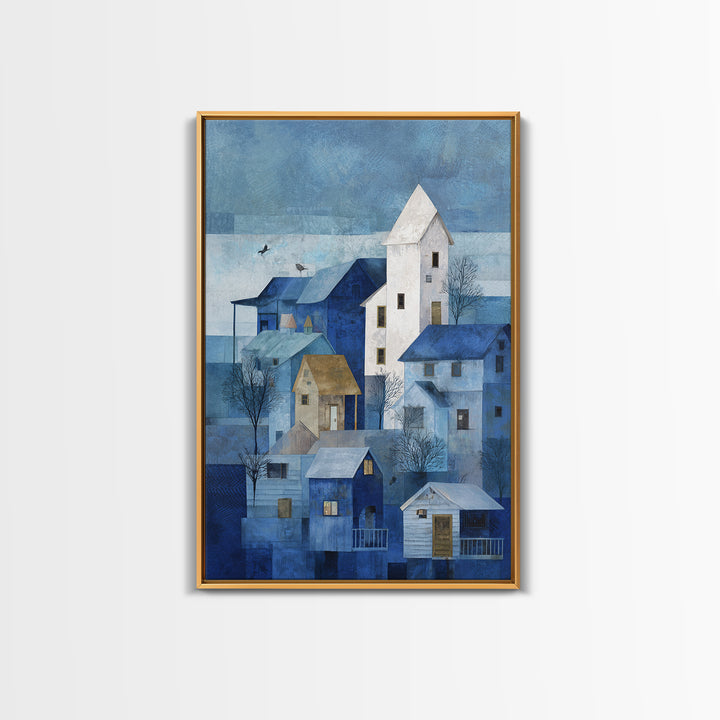 Naive Folk Art Village Framed Canvas Print, Art, Boho Wall Art, Living Room Decor, Fine Art, Textured Painting, ART-2x3-52