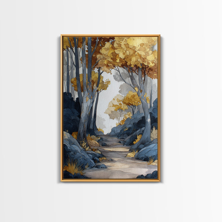 Woodland Path with Golden Autumn Atmosphere Framed Canvas Print, Art, Horizontal Wall Art, Living Room Decor, Fine Art, ART-2x3-55
