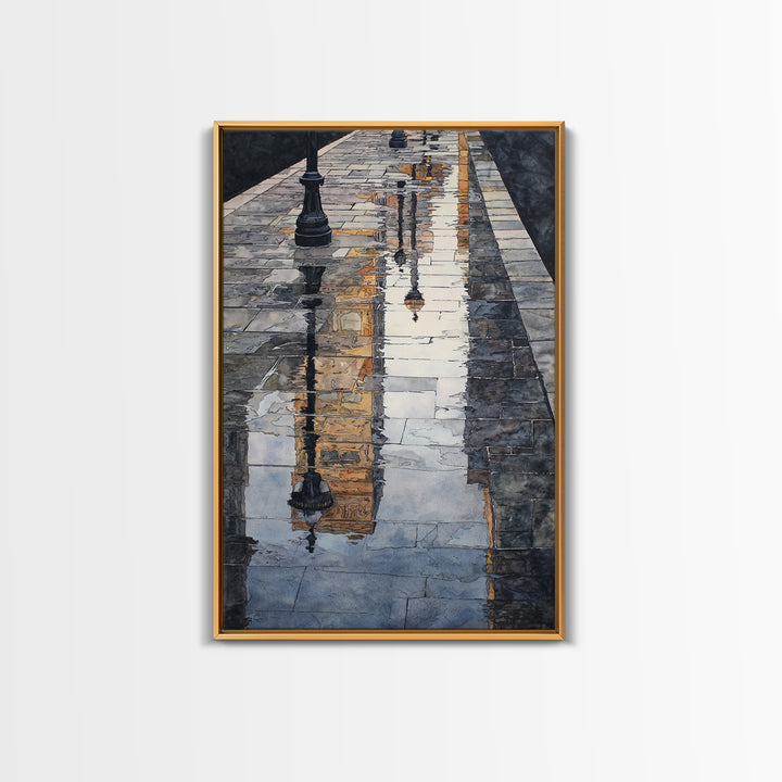 Moody City Scene Reflected Framed Canvas Print, Art, Living Room Decor, Fine Art, Art Nouveau, Framed Wall Art, ART-2x3-90