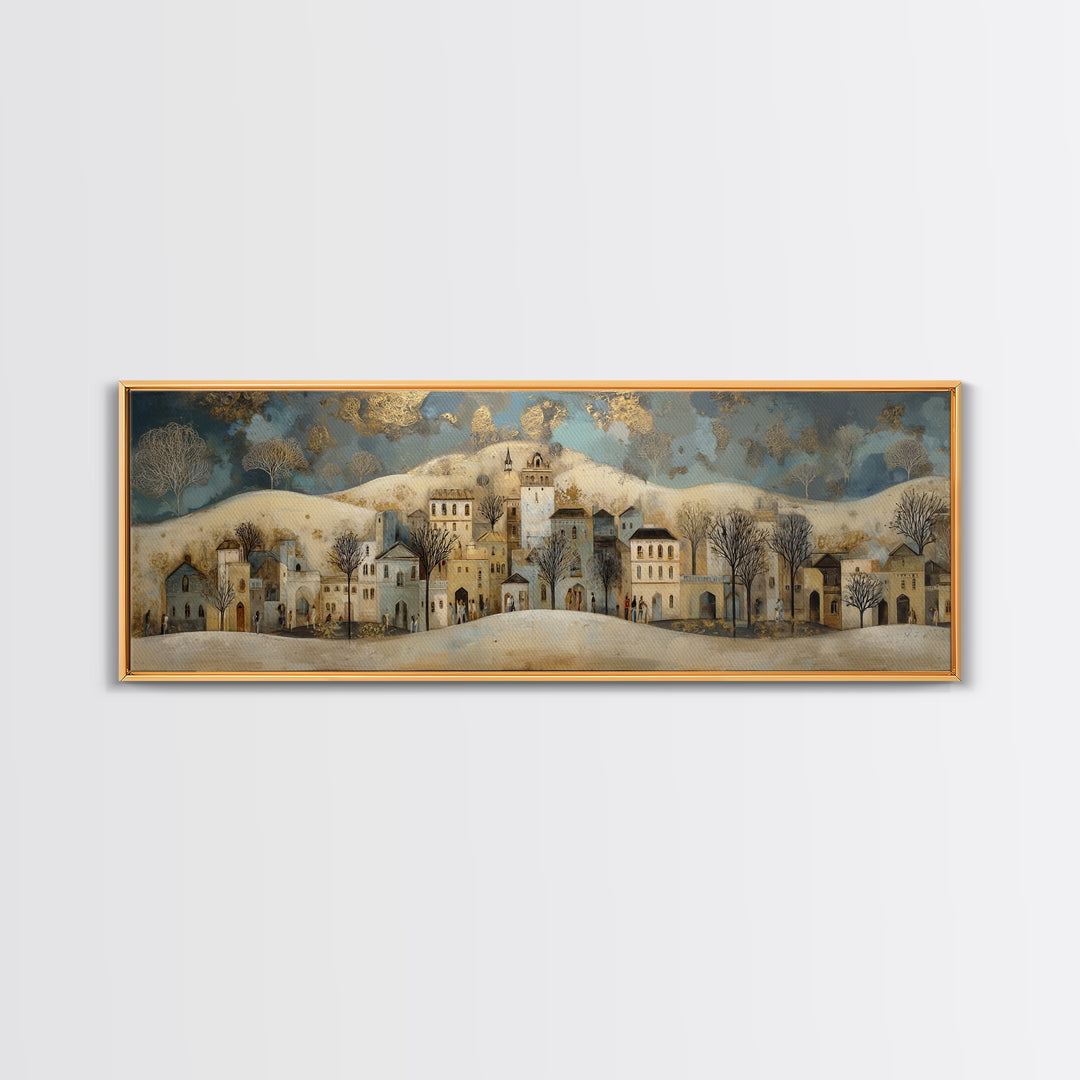 Naive Folk Art Village Framed Canvas Print, Art, Prints Wall Art, Living Room Decor, Fine Art, Fine Art Print, ART-3x1-12