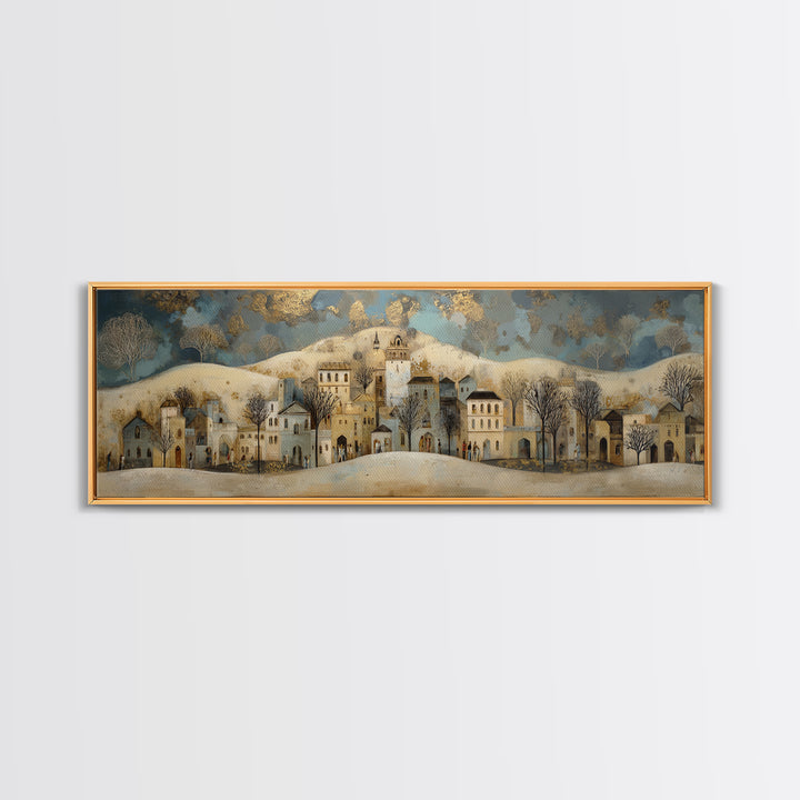 Naive Folk Art Village Framed Canvas Print, Art, Prints Wall Art, Living Room Decor, Fine Art, Fine Art Print, ART-3x1-12