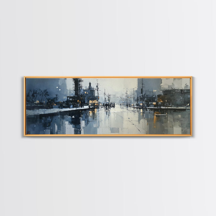 Moody City Scene Reflected Framed Canvas Print, Art, Wall Art, Living Room Decor, Fine Art, Original Art, Art Nouveau, ART-3x1-2