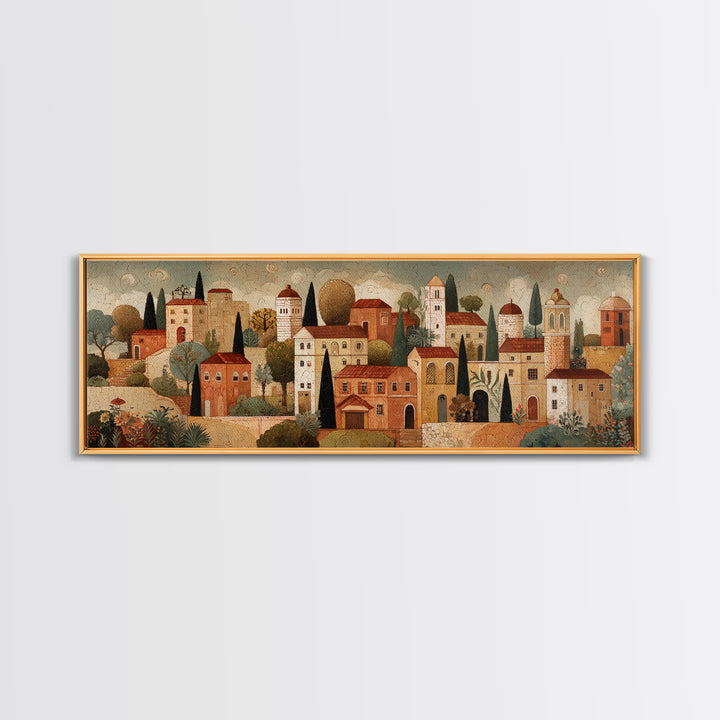 Naive Folk Art Village Framed Canvas Print, Art, Modern Decor, Living Room Decor, Fine Art, Art Prints, Digital Art, ART-3x1-60