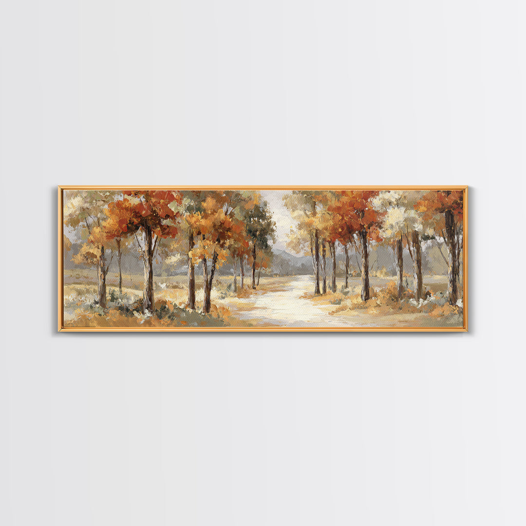 Woodland Path with Golden Autumn Atmosphere Framed Canvas Print, Art, Statement Artwork, Living Room Decor, Fine Art, ART-3x1-63