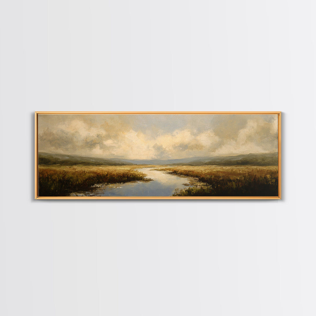 Classic Landscape with Winding River and Atmospheric Framed Canvas Print, Art, Digital Art, Living Room Decor, Fine Art, ART-3x1-67