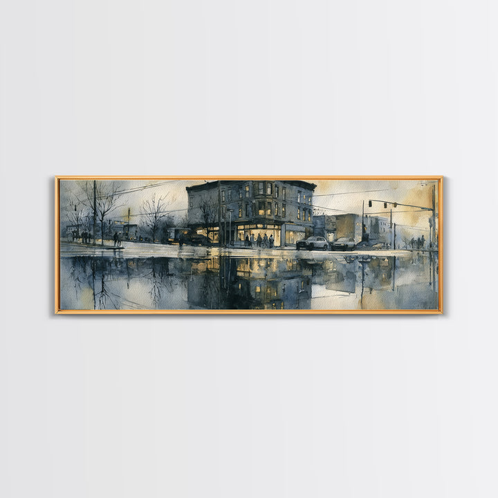 Moody City Scene Reflected Framed Canvas Print, Art, Art Deco, Living Room Decor, Oil Painting, Printable Art, ART-3x1-74