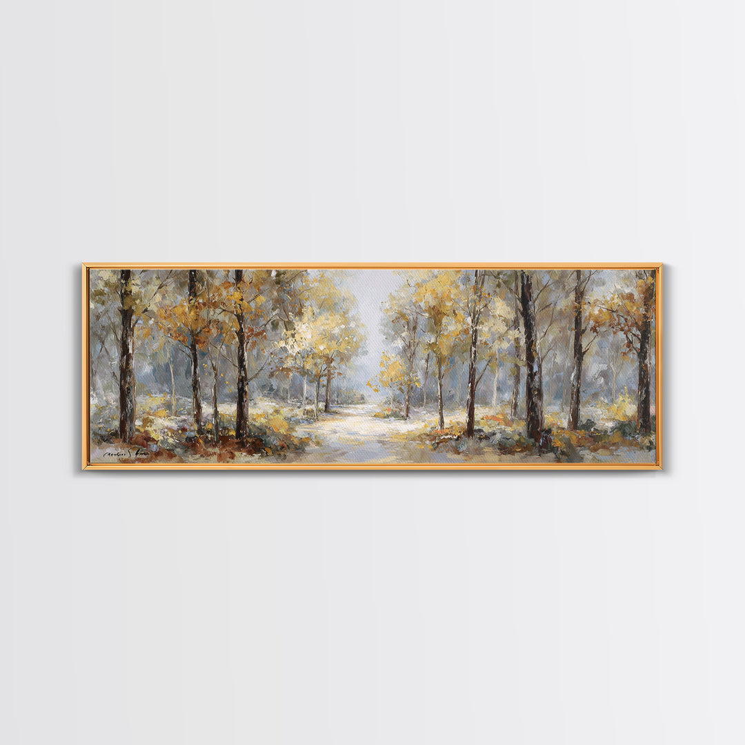 Woodland Path with Golden Autumn Atmosphere Framed Canvas Print, Art, Art Print, Living Room Decor, Fine Art, ART-3x1-87