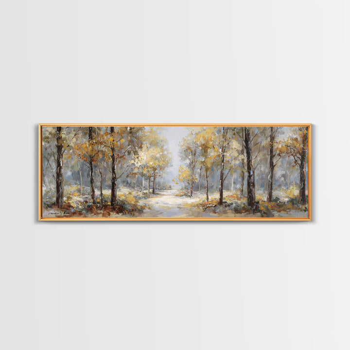 Woodland Path with Golden Autumn Atmosphere Framed Canvas Print, Art, Art Print, Living Room Decor, Fine Art, ART-3x1-87