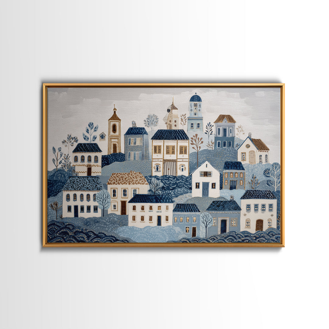 Naive Folk Art Village Framed Canvas Print, Art, Wall Art Prints, Living Room Decor, Fine Art, Ai Art, Textured Wall Art, ART-3x2-24