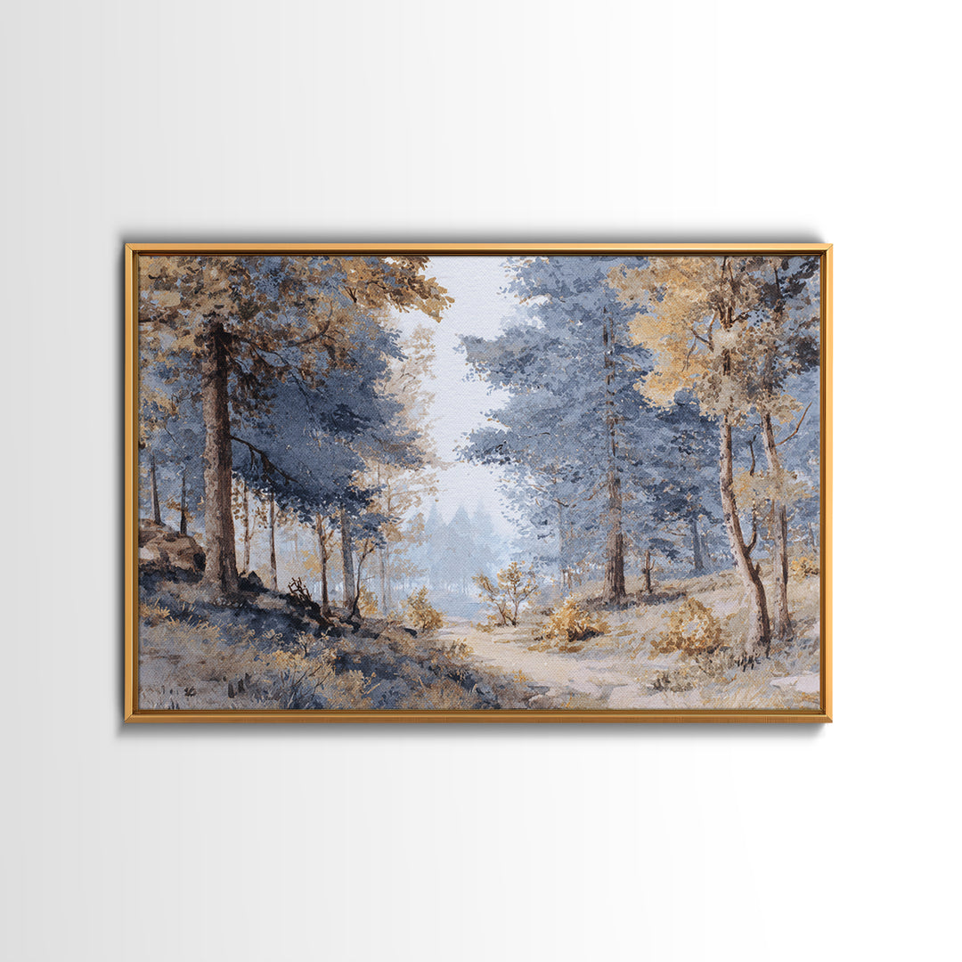 Woodland Path with Golden Autumn Atmosphere Framed Canvas Print, Art, Art Commission, Living Room Decor, Fine Art, ART-3x2-27
