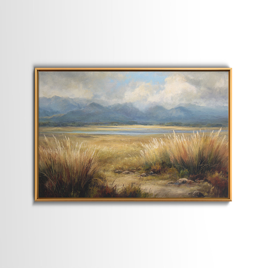 Quiet Mountain Scene Framed Canvas Print, Art, Canvas Wall Art, Living Room Decor, Fine Art, Boho Wall Art, Pink Wall Art, ART-3x2-45