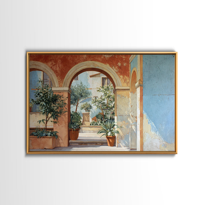 Architectural Archway in Warm Mediterranean Light Framed Canvas Print, Art, Wall Art for Mom, Living Room Decor, Oil Painting, ART-3x2-50