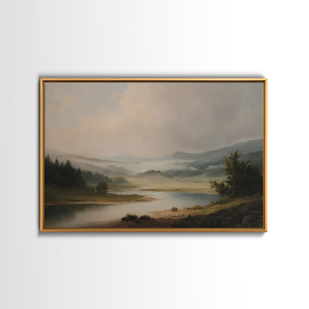Classic Landscape with Winding River and Atmospheric Framed Canvas Print, Art, Framed Wall Art, Living Room Decor, Fine Art, ART-3x2-79