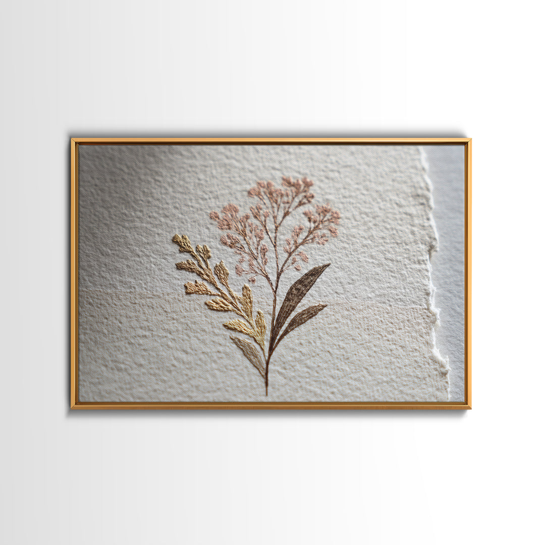 Minimal Botanical Ink Drawing on Handmade Paper Framed Canvas Print, Art, Ai Art, Living Room Decor, Watercolor Art, ART-3x2-81
