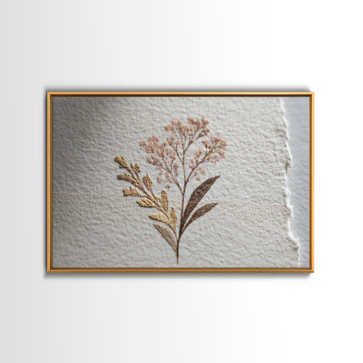 Minimal Botanical Ink Drawing on Handmade Paper Framed Canvas Print, Art, Ai Art, Living Room Decor, Watercolor Art, ART-3x2-81