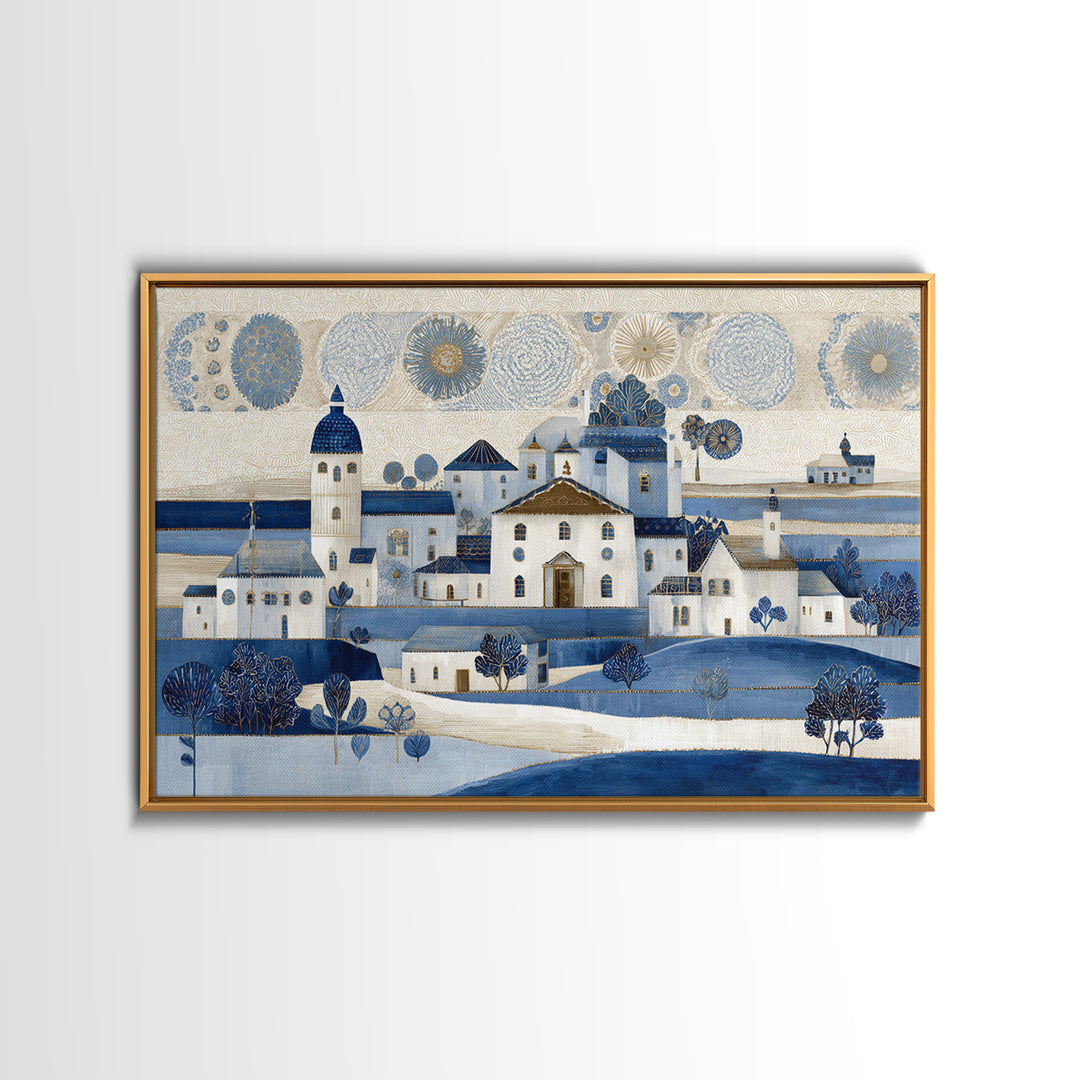 Naive Folk Art Village Framed Canvas Print, Art, Pink Wall Art, Living Room Decor, Fine Art, Textured Painting, ART-3x2-96