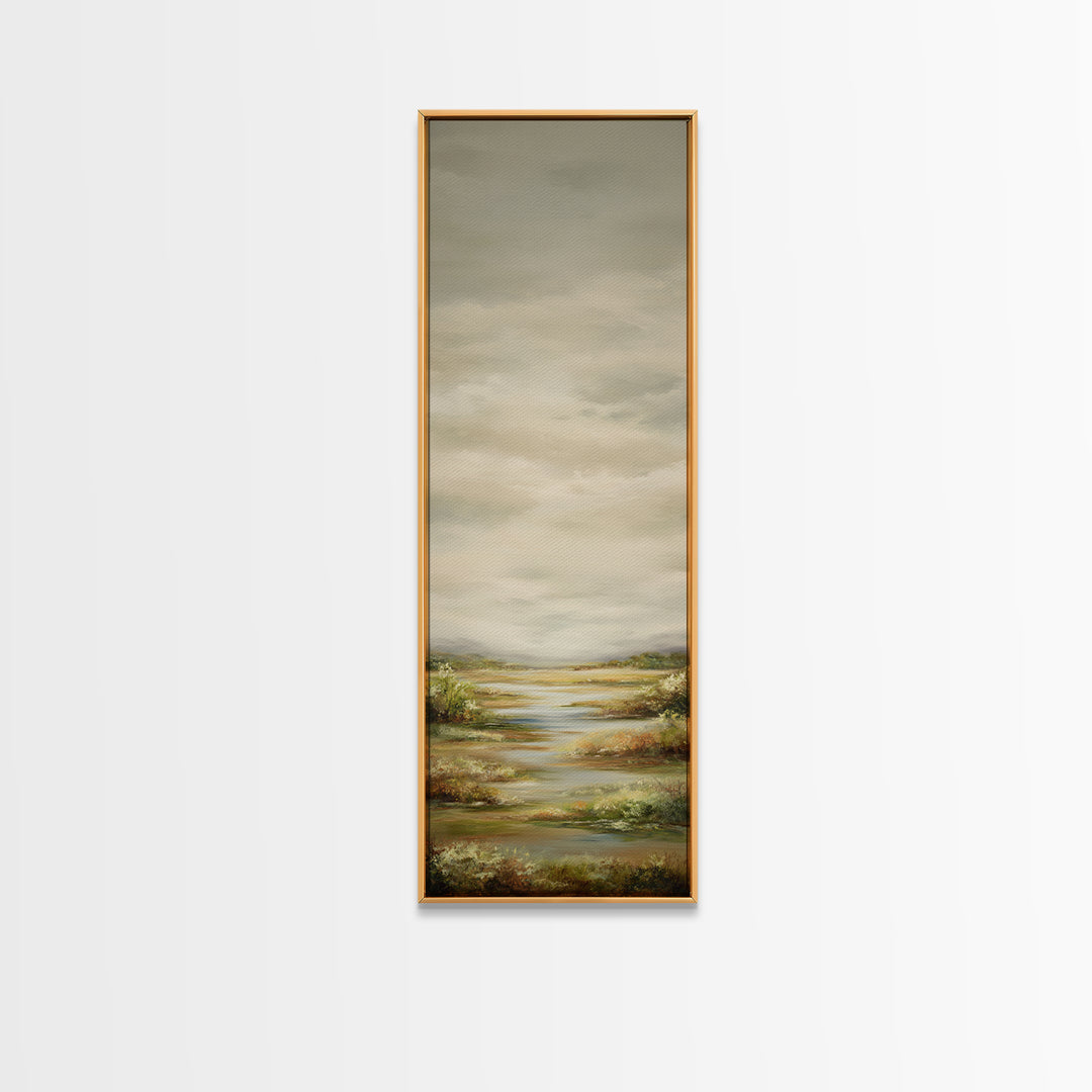 Wide Olive and Beige Meadow Panorama Framed Canvas Print, Above Sofa Art, Coastal Wall Art, Living Room Decor, Statement, ASA-1x3-70