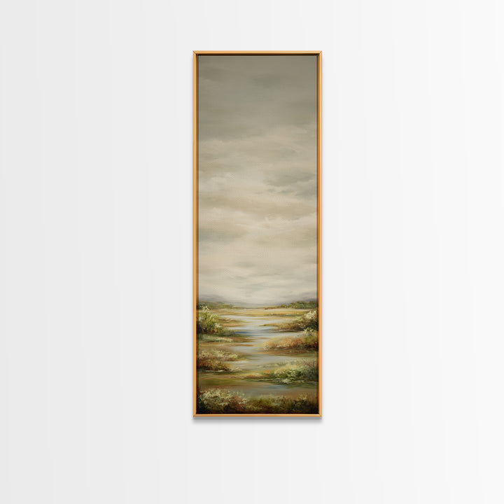 Wide Olive and Beige Meadow Panorama Framed Canvas Print, Above Sofa Art, Coastal Wall Art, Living Room Decor, Statement, ASA-1x3-70