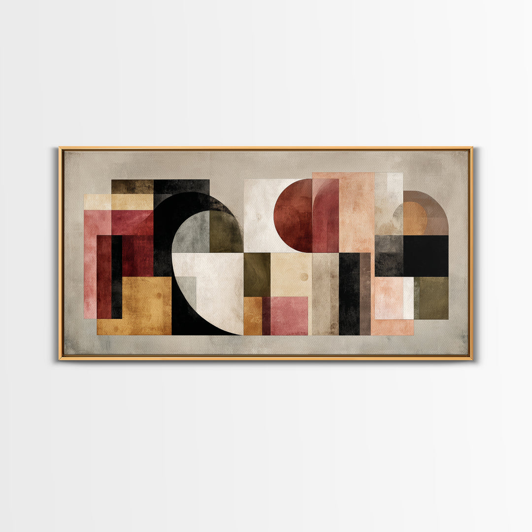 Bold Mid Century Geometric Forms Framed Canvas Print, Above Sofa Art, Textured Painting, Living Room Decor, Fine Art, Statement, ASA-2x1-24