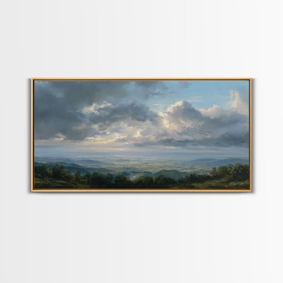 Dramatic Cloudscape over a Distant Valley Framed Canvas Print, Above Sofa Art, Living Room Decor, Oil Painting, Statement, ASA-2x1-25