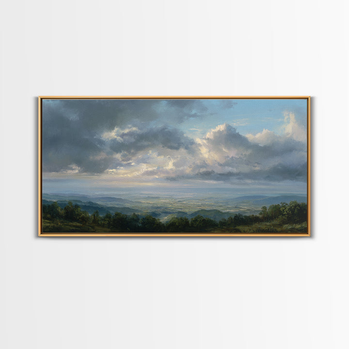 Dramatic Cloudscape over a Distant Valley Framed Canvas Print, Above Sofa Art, Living Room Decor, Oil Painting, Statement, ASA-2x1-25