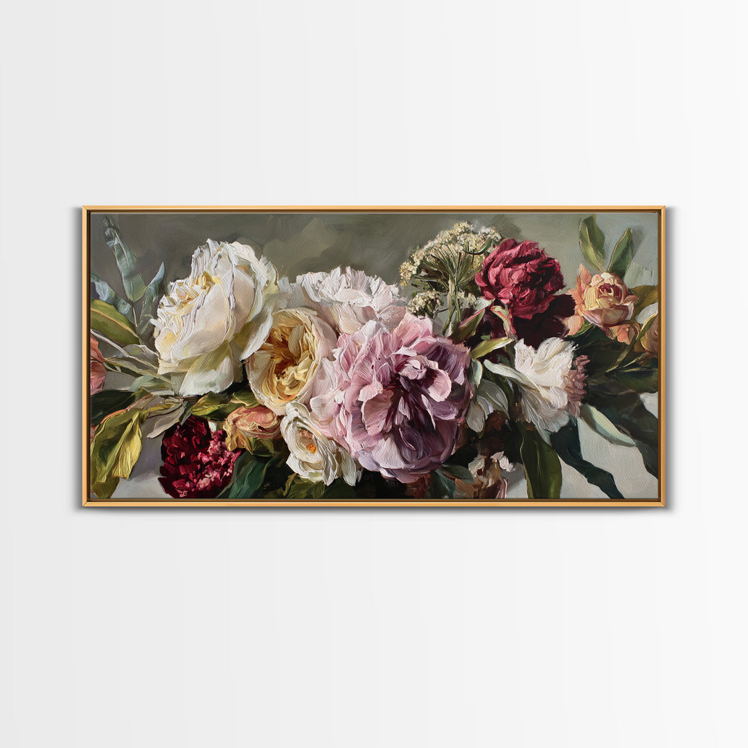 Large Expressive Floral Bouquet Framed Canvas Print, Above Sofa Art, Luxury Decor, Living Room Decor, Oil Painting, Statement, ASA-2x1-50