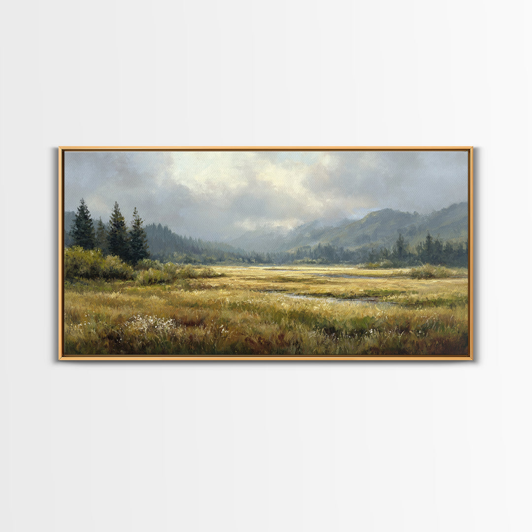 Wide Olive and Beige Meadow Panorama Framed Canvas Print, Above Sofa Art, Modern Decor, Living Room Decor, Oil Painting, ASA-2x1-6