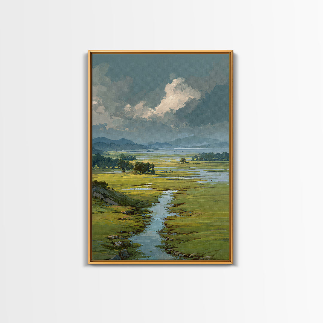Wide Olive and Beige Meadow Panorama Framed Canvas Print, Above Sofa Art, Living Room Decor, Oil Painting, Statement, ASA-2x3-90
