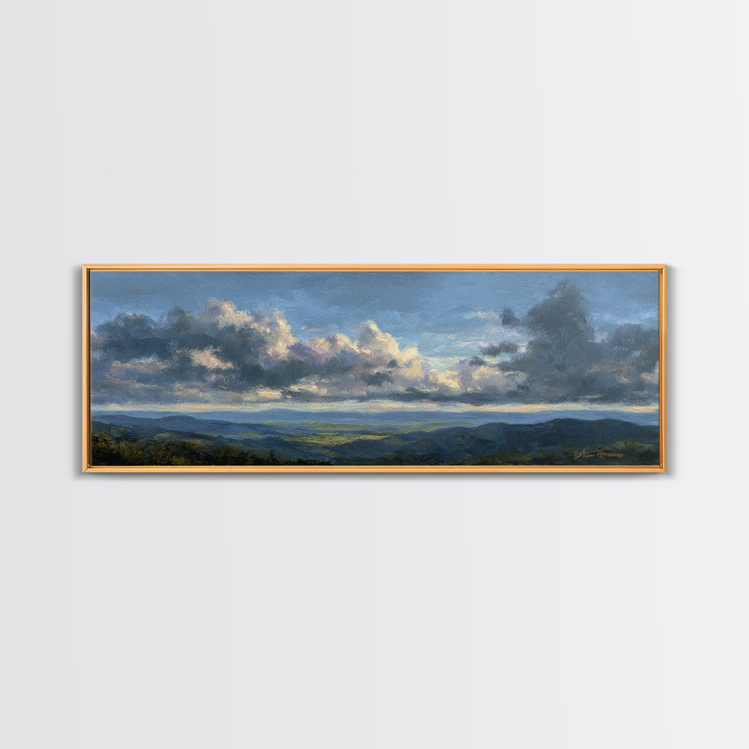 Dramatic Cloudscape over a Distant Valley Canvas Print, Above Sofa Art, Boho Wall Art, Living Room Decor, Watercolor Art, ASA-3x1-21
