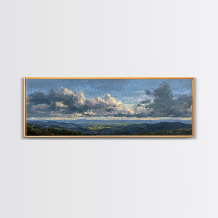 Dramatic Cloudscape over a Distant Valley Canvas Print, Above Sofa Art, Boho Wall Art, Living Room Decor, Watercolor Art, ASA-3x1-21