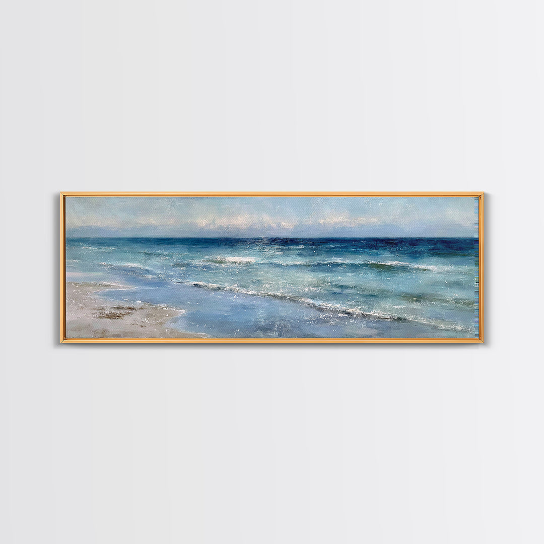 Moody Seascape at Twilight Framed Canvas Print, Above Sofa Art, Modern Art, Living Room Decor, Oil Painting, Statement, ASA-3x1-28