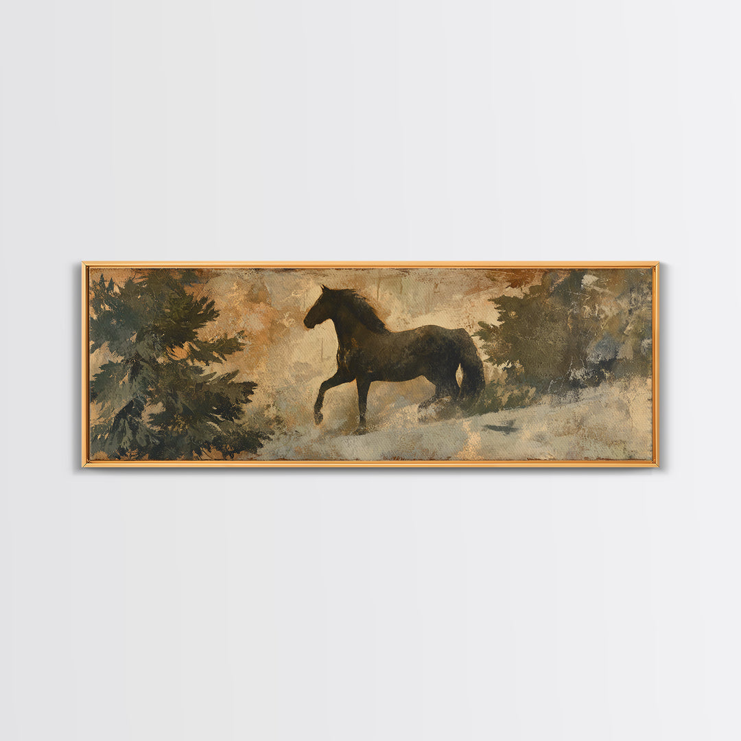 Statement Horse Silhouette Canvas Print, Above Sofa Art, Farmhouse Decor, Living Room Decor, Oil Painting, Statement, ASA-3x1-29