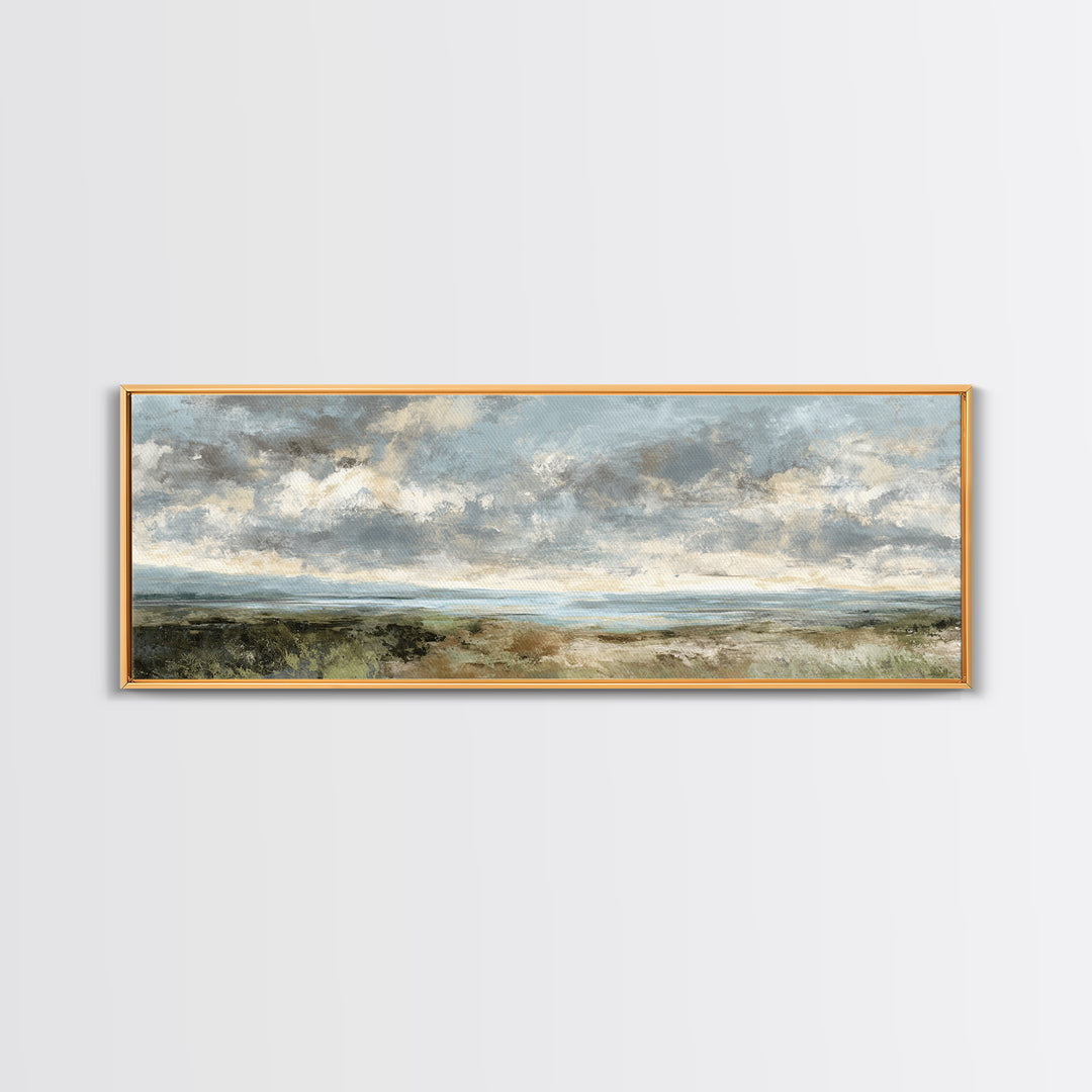Dramatic Cloudscape over a Distant Valley Canvas Print, Above Sofa Art, Boho Wall Art, Living Room Decor, Watercolor Art, ASA-3x1-45