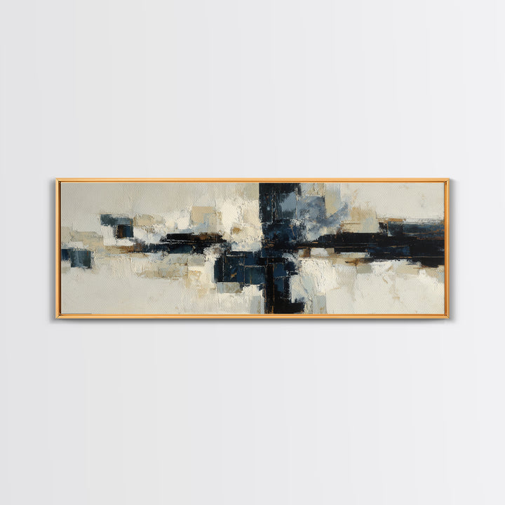 Bold Navy and Ivory Abstract Brushwork Framed Canvas Print, Above Sofa Art, Farmhouse Decor, Living Room Decor, Statement, ASA-3x1-58