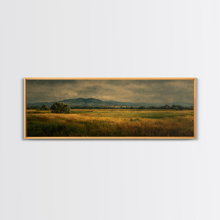 Wide Olive and Beige Meadow Panorama Framed Canvas Print, Above Sofa Art, Boho Wall Art, Living Room Decor, Fine Art, Statement, ASA-3x1-74