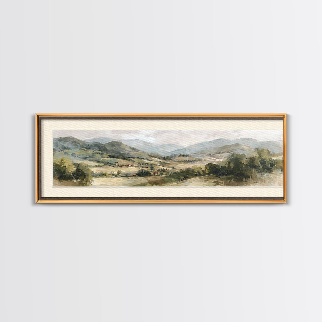 Sunlit Rolling Hills Framed Canvas Print, Above Sofa Art, Mid Century Modern, Living Room Decor, Fine Art, Statement, ASA-3x1-9