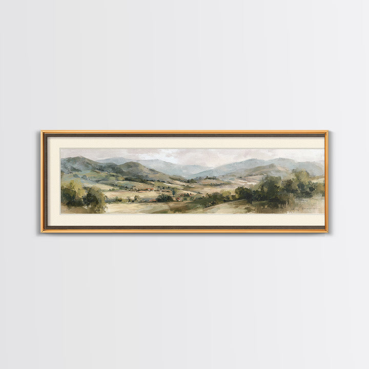 Sunlit Rolling Hills Framed Canvas Print, Above Sofa Art, Mid Century Modern, Living Room Decor, Fine Art, Statement, ASA-3x1-9