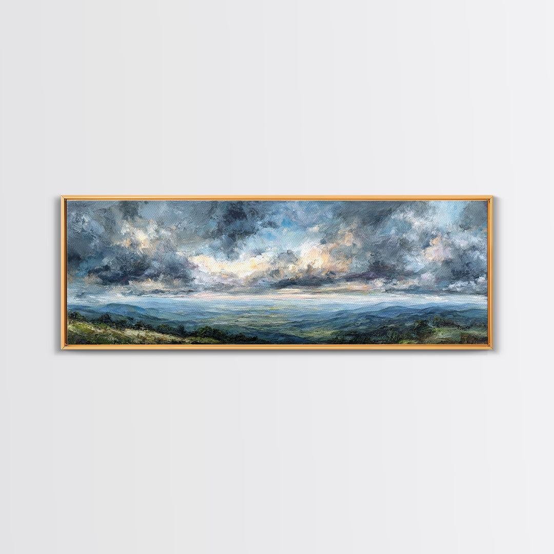 Dramatic Cloudscape over a Distant Valley Canvas Print, Above Sofa Art, Coastal Wall Art, Living Room Decor, Oil Painting, ASA-3x1-93
