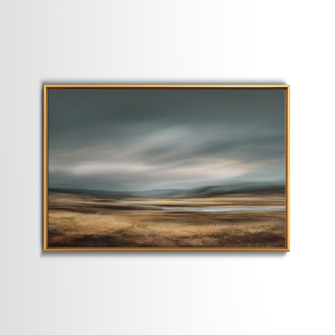 Wide Olive and Beige Meadow Panorama Framed Canvas Print, Above Sofa Art, Living Room Decor, Oil Painting, Statement, ASA-3x2-14