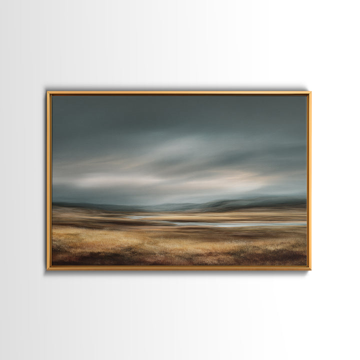 Wide Olive and Beige Meadow Panorama Framed Canvas Print, Above Sofa Art, Living Room Decor, Oil Painting, Statement, ASA-3x2-14