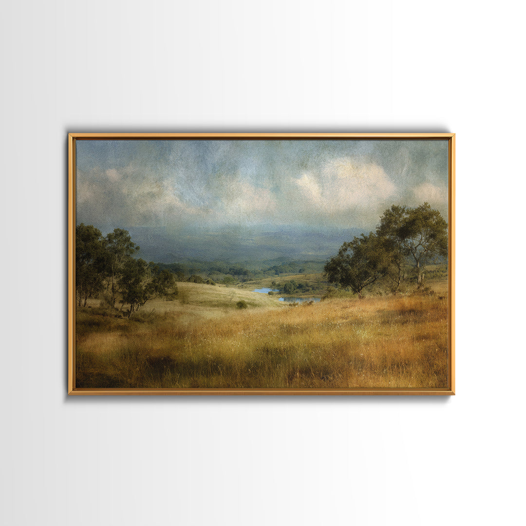 Wide Olive and Beige Meadow Panorama Framed Canvas Print, Above Sofa Art, Horizontal Wall Art, Living Room Decor, Statement, ASA-3x2-86