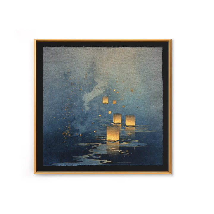 Floating Lanterns over Dark Water with Gentle Canvas Print, Asian Inspired Art, Bedroom Wall Decor, Living Room Decor, Harmony, ASI-1x1-19