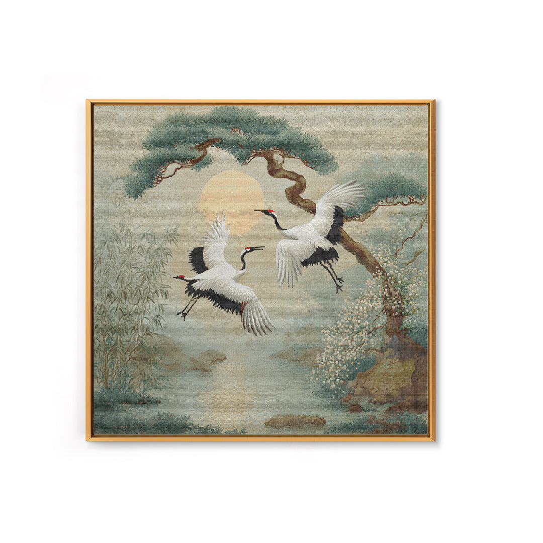 Red Crowned Cranes Flying Through Misty Pine Canvas Print, Asian Inspired Art, Modern Decor, Living Room Decor, Harmony, ASI-1x1-49