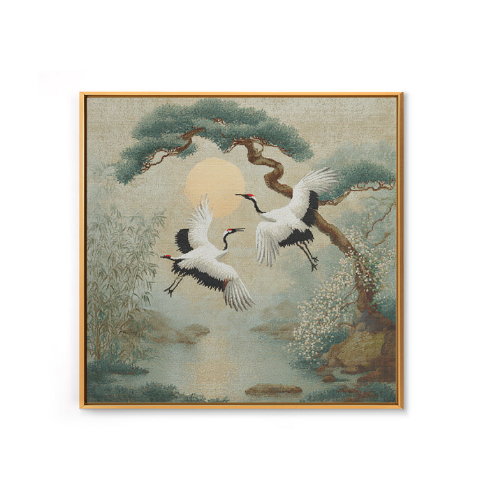 Red Crowned Cranes Flying Through Misty Pine Canvas Print, Asian Inspired Art, Modern Decor, Living Room Decor, Harmony, ASI-1x1-49