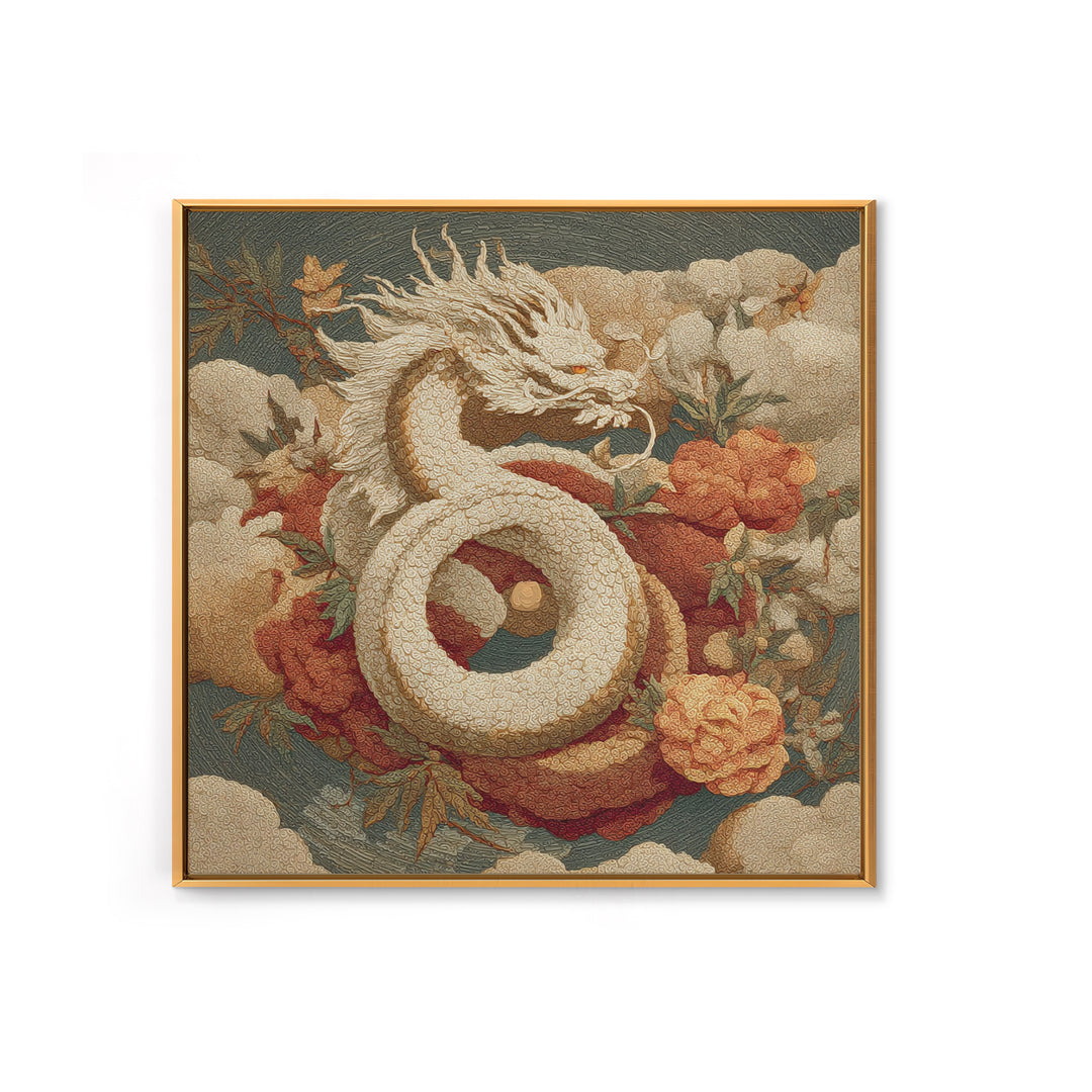 Dragon Curling Through Clouds Framed Canvas Print, Asian Inspired Art, Asian Wall Art, Living Room Decor, Oil Painting, Harmony, ASI-1x1-61