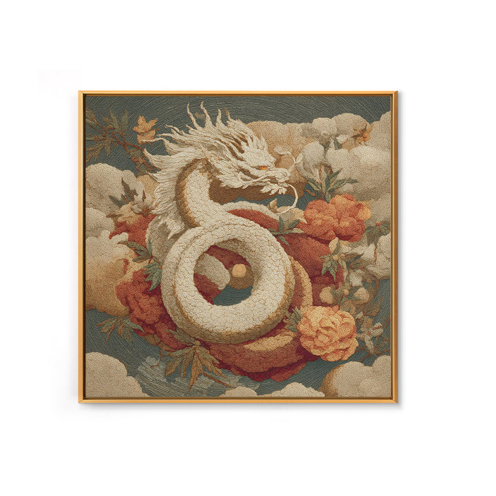 Dragon Curling Through Clouds Framed Canvas Print, Asian Inspired Art, Asian Wall Art, Living Room Decor, Oil Painting, Harmony, ASI-1x1-61