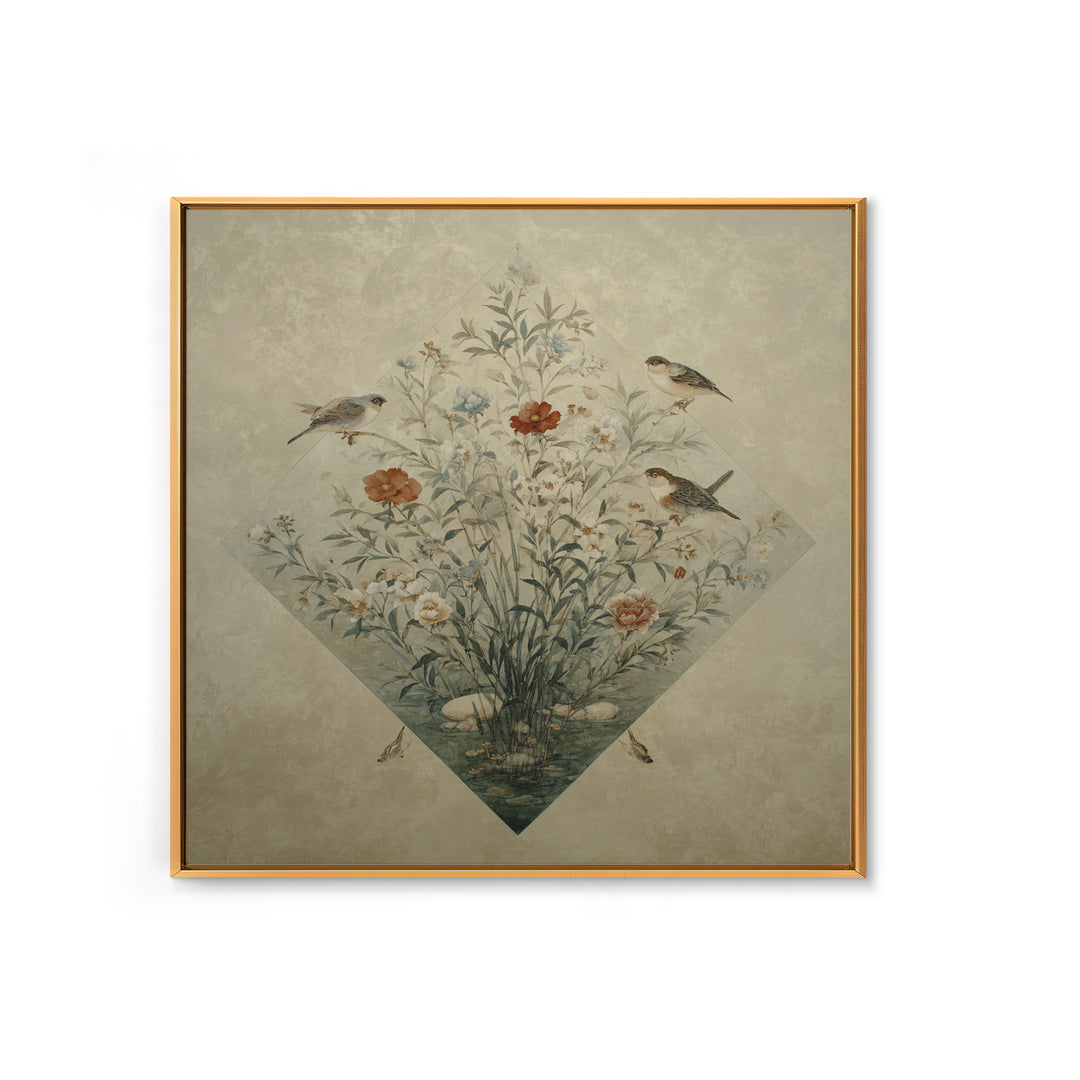 Fan Shaped Composition of Blossoms and Birds Canvas Print, Asian Inspired Art, Gallery Decor, Living Room Decor, Harmony, ASI-1x1-65