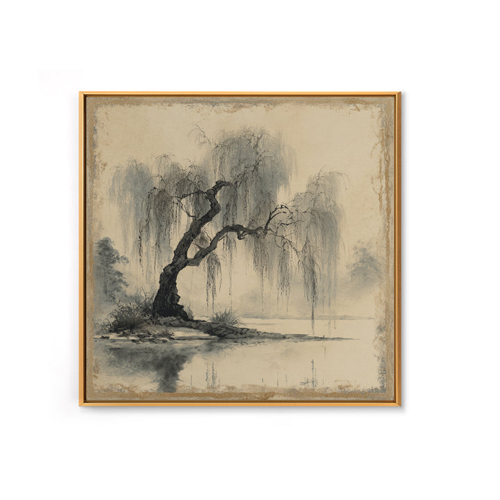 Willow Tree over a Reflective Pond Framed Canvas Print, Asian Inspired Art, Botanical Print, Living Room Decor, Abstract Art, ASI-1x1-66